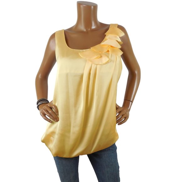 Piano Tops - PIANO Top L Yellow Silky Blouse Ruffle Trim Draped Hem Pleats Sleeveless Shirt
